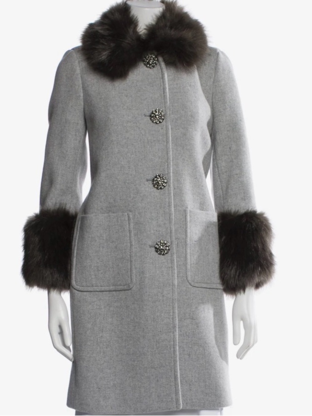 Kate Spade Star Bright Wool Coat Faux Fur Crystal Jewel Buttons Gray